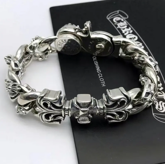 Men's Retro Cross Heavy Bracelets Vintage Buckle Vine Flower Silver Alxeyb Diamond Christian Gift