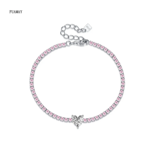 FUAMAY Fashion Jewelry Dainty 925 Sterling Silver Bracelet Center White Loves Heart Pink Zircon Tennis Bracelet