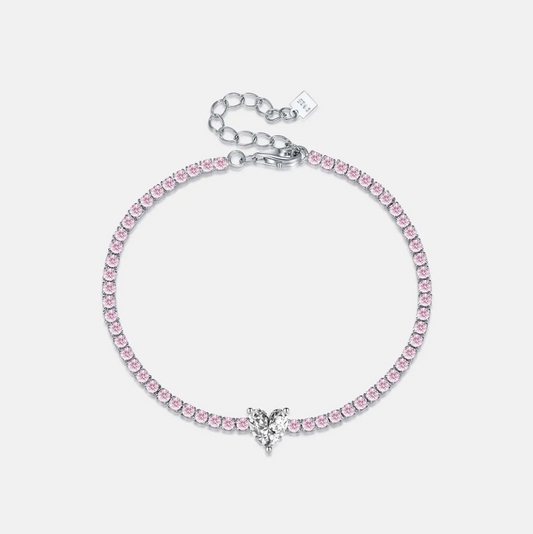 FUAMAY Fashion Jewelry Dainty 925 Sterling Silver Bracelet Center White Loves Heart Pink Zircon Tennis Bracelet